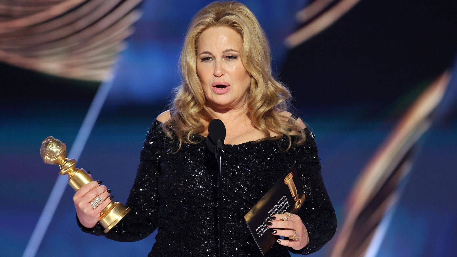 Jennifer Coolidge accepts an award for "The White Lotus" during the 80th Annual Golden Globe Awards on Tuesday.
