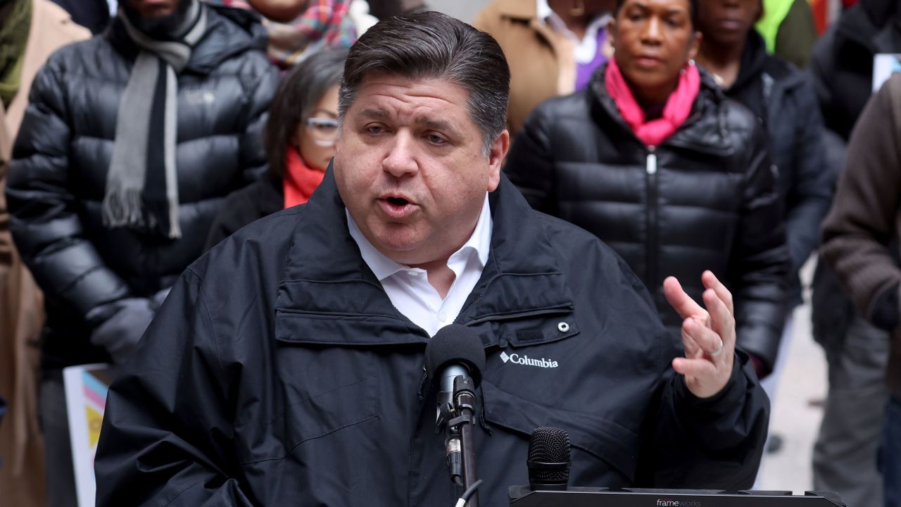 Illinois Gov. J.B. Pritzker speaks during a transgender support rally at Federal Building Plaza on April 27, 2022, in Chicago.