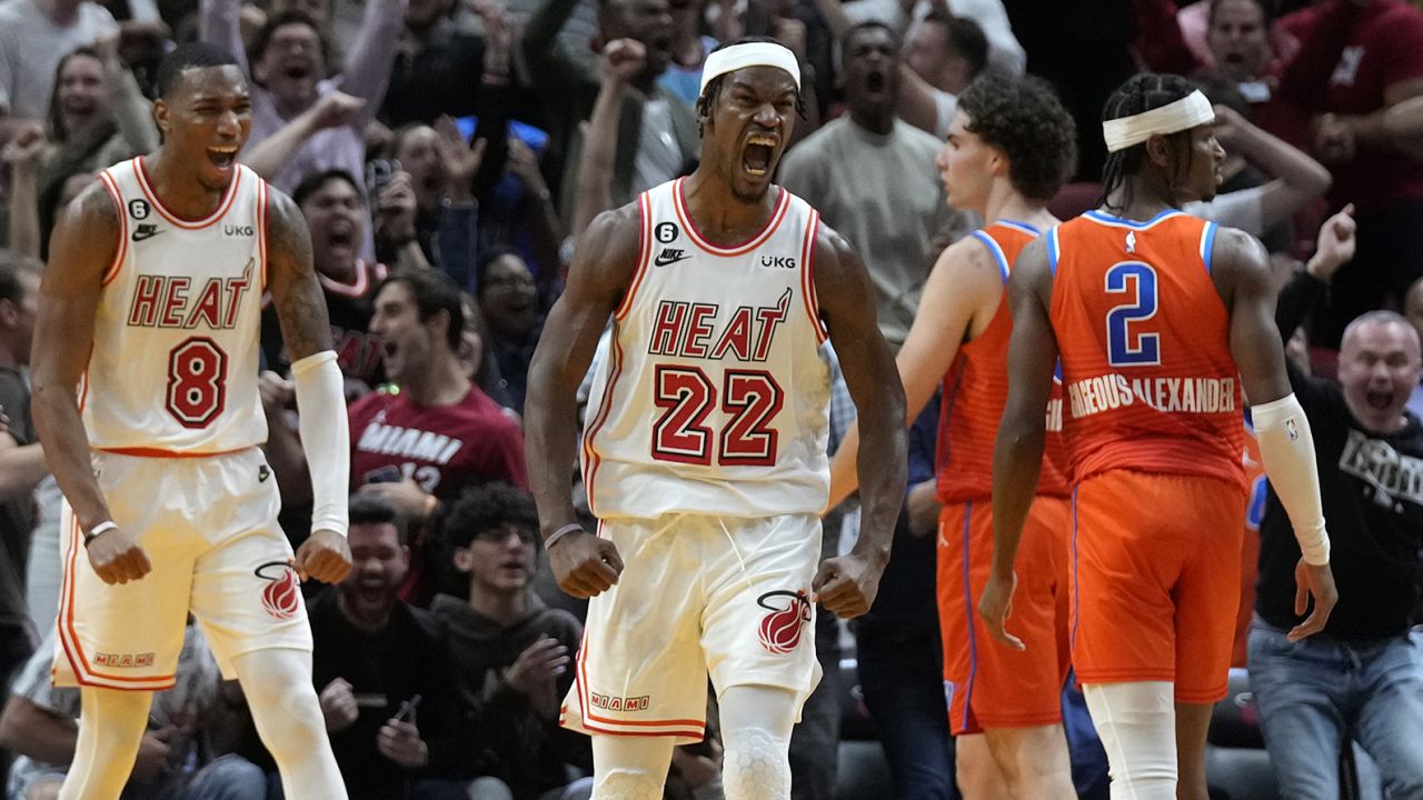 Jimmy Butler celebrates after scoring during the final seconds against the Oklahoma City Thunder.