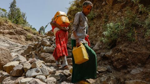 A woman carries water after armed clashes in the Tigray region destroyed infrastructure. 