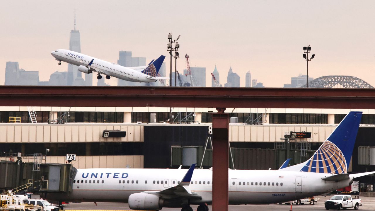 A United Airlines plane departs Newark Liberty International Airport on January 11, 2023. 