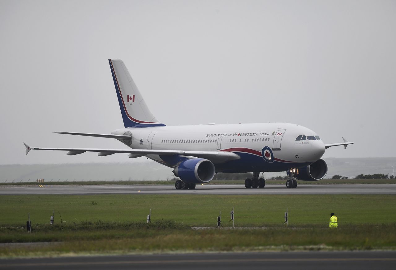 <strong>Jumbo parking lot: </strong>For the G7 the airport had to reinforce taxiways to accommodate the huge aircraft -- like Justin Trudeau's, seen landing.