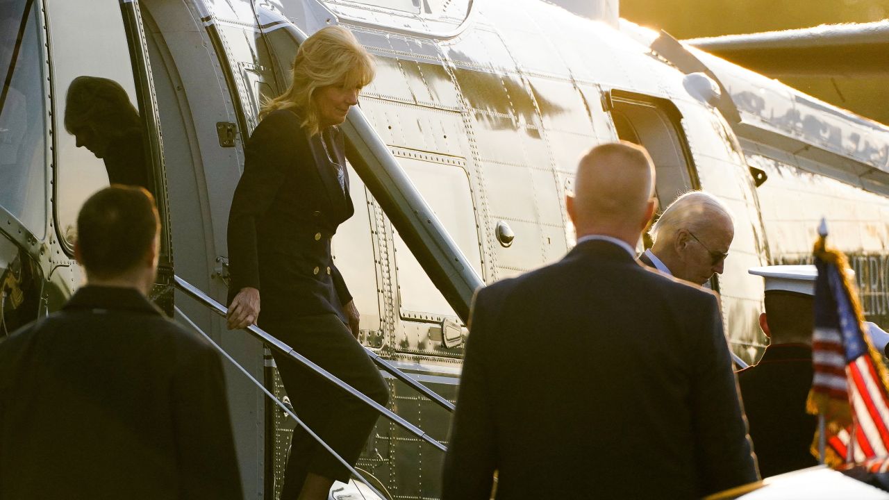 First lady Jill Biden disembarks Marine One with U.S. President Joe Biden at Walter Reed Medical Center, where Mrs. Biden is scheduled to undergo Mohs surgery to remove a "small lesion" above her right eye, in Bethesda, Maryland, U.S., January 11, 2023. REUTERS/Elizabeth Frantz
