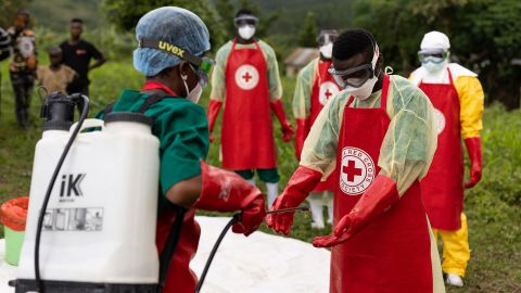 Ugandan Red Cross workers in Mubende, the epicenter of the outbreak.