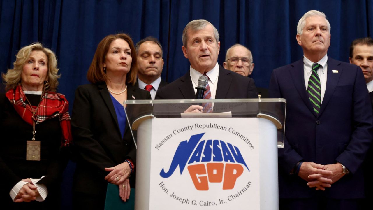 Nassau County Republican Party chairman Joseph Cairo and members of the Nassau County Republican Committee hold a news conference regarding the future of Rep. George Santos at Nassau County Republican Committee in Westbury, New York.