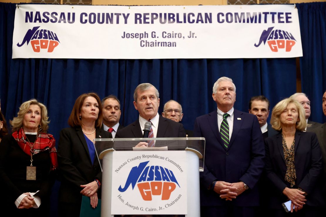 Nassau County Republican Party chairman Joseph Cairo and members of the Nassau County Republican Committee hold a news conference regarding the future of Rep. George Santos at Nassau County Republican Committee in Westbury, New York. 