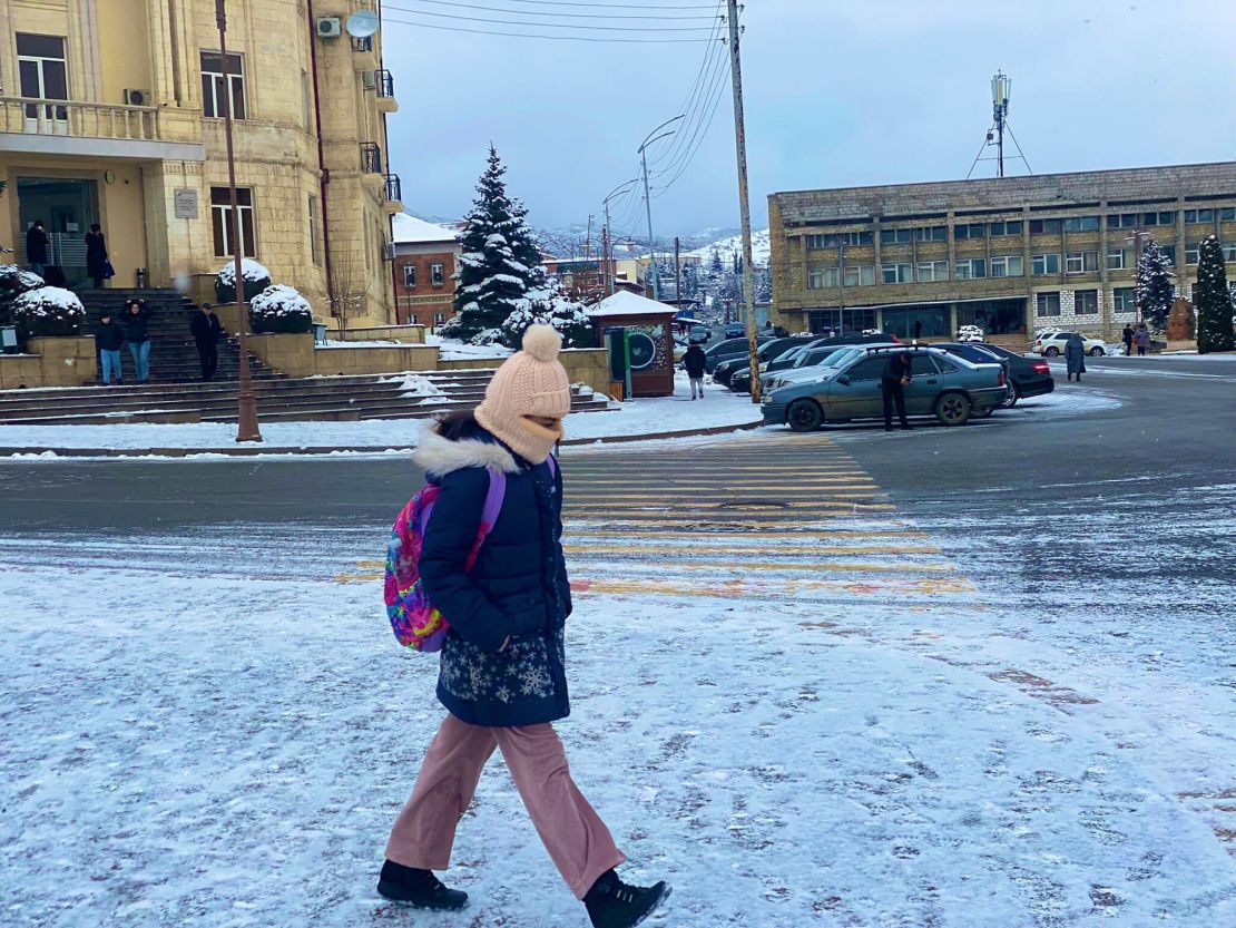 A girl walks on the snow in Nagorno-Karabakh's Stepanakert, where interruptions to gas supplies have forced households to limit heating in homes. (Photo courtesty of Siranush Sargsyan) 