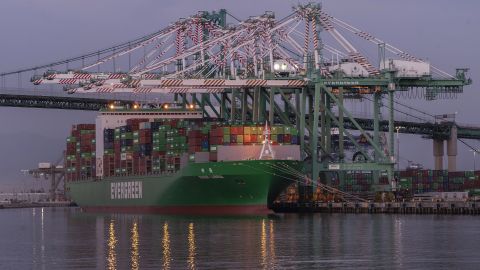 The container ship Ever Libra (TW) is moored at the Port of Los Angeles on Monday, Nov. 21, 2022. The supply backlogs of the past two years -- and the delays, shortages and outrageous prices they brought with them -- have improved dramatically since summer. 