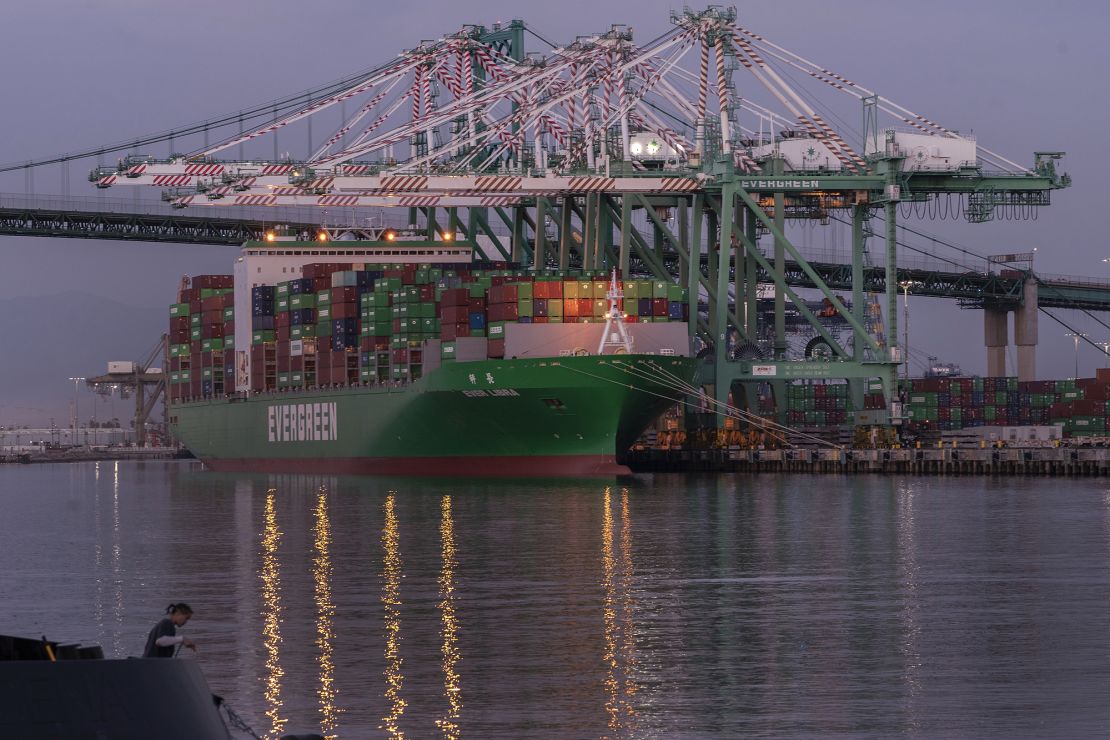 The container ship Ever Libra (TW) is moored at the Port of Los Angeles on Monday, Nov. 21, 2022. The supply backlogs of the past two years -- and the delays, shortages and outrageous prices they brought with them -- have improved dramatically since summer. 