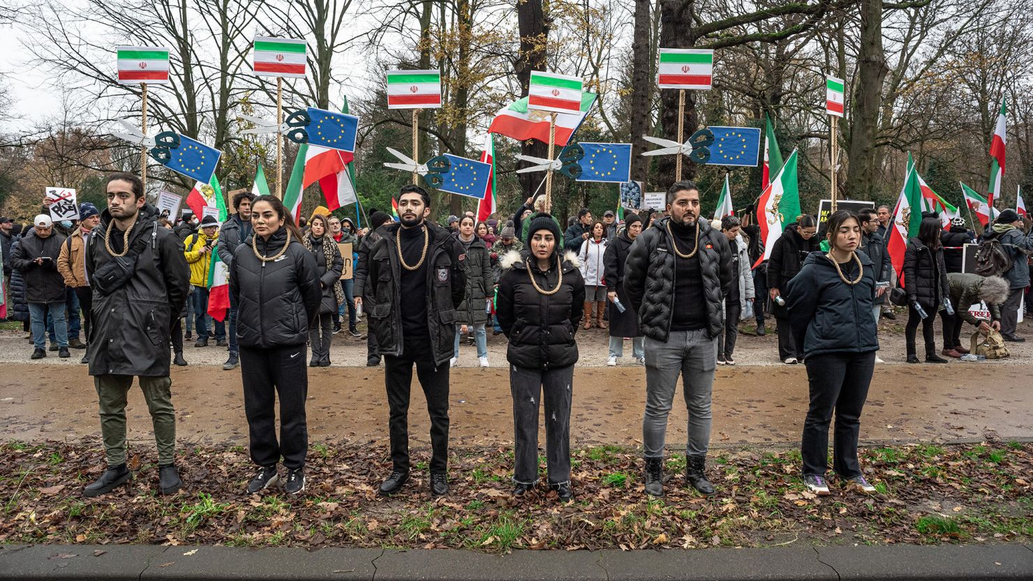 Protesters with a noose around their necks during a demonstration in The Hague on December 21. The protest called on the Dutch House of Representatives to close the Iranian embassy and to expel its diplomats.  