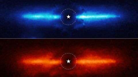 These two images show the dusty debris disk around AU Mic, a red dwarf star located 32 light-years away in the constellation Microscopium.