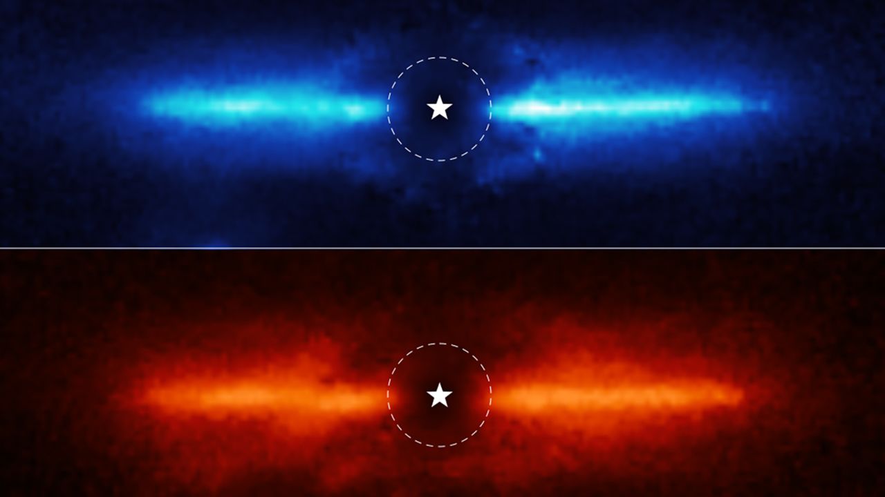 These two images show the dusty debris disk around AU Mic, a red dwarf star located 32 light-years away in the Microscopium constellation.
