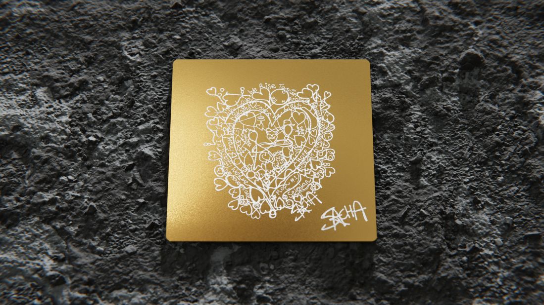 Dubai-based artist Sacha Jafri's work "We Rise Together - By the Light of the Moon" will be installed on the moon. His design is engraved onto a gold alloy developed to withstand conditions on the lunar surface.
