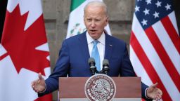 MEXICO CITY, MEXICO - JANUARY 10: U.S. President Joe Biden speaks during a message for the media as part of the '2023 North American Leaders' Summit at Palacio Nacional on January 10, 2023 in Mexico City, Mexico. President Lopez Obrador, USA President Joe Biden and Canadian Prime Minister Justin Trudeau gather in Mexico from January 9 to 11 as part of the 10th North American Leaders' Summit. The agenda includes topics on the climate change, immigration, trade and economic integration, security among others. 