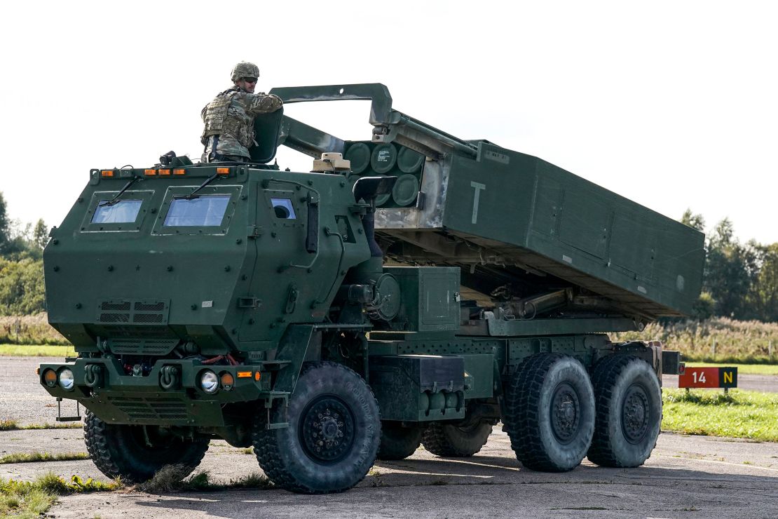 A High-Mobility Artillery Rocket System (HIMARS) during military exercises at Spilve Airport in Riga, Latvia.