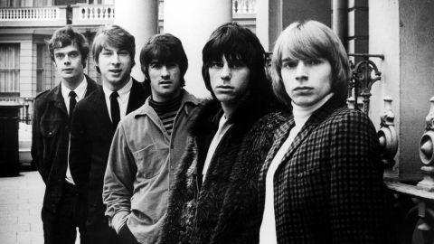 English group The Yardbirds, featuring [from left) Paul Samwell-Smith, Chris Dreja, Jim McCarty, Jeff Beck and Keith Relf, pose together on a London street in 1965.