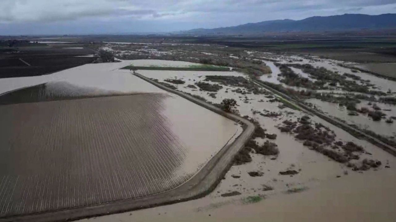 The Salinas River, which opens into Monterey Bay, floods Wednesday.