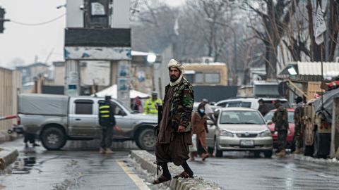 A Taliban security guard on a blocked road after a blast near Afghanistan's Foreign Ministry at Zanbaq Square in Kabul on January 11.