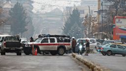 Taliban security forces block a road after a suicide blast near Afghanistan's foreign ministry at Zanbaq Square in Kabul on January 11, 2023. 