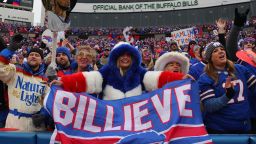 ORCHARD PARK, NY - JANUARY 08: Buffalo Bills fans cheer on their team against the New England Patriots at Highmark Stadium on January 8, 2023 in Orchard Park, New York. (Photo by Timothy T Ludwig/Getty Images)