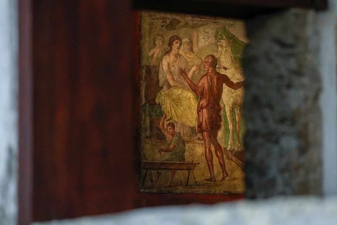 A detail of one of the frescoes in a "triclinium," or dining room, called "Hall of Ixium," part of the Ancient Roman Domus Vettiorum, House of the Vettii.