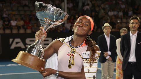 Gauff celebrates defeating Spain's Rebeka Masarova in the ASB Classic final.