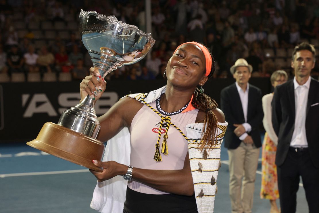 Gauff celebrates defeating Spain's Rebeka Masarova in the final of the ASB Classic.