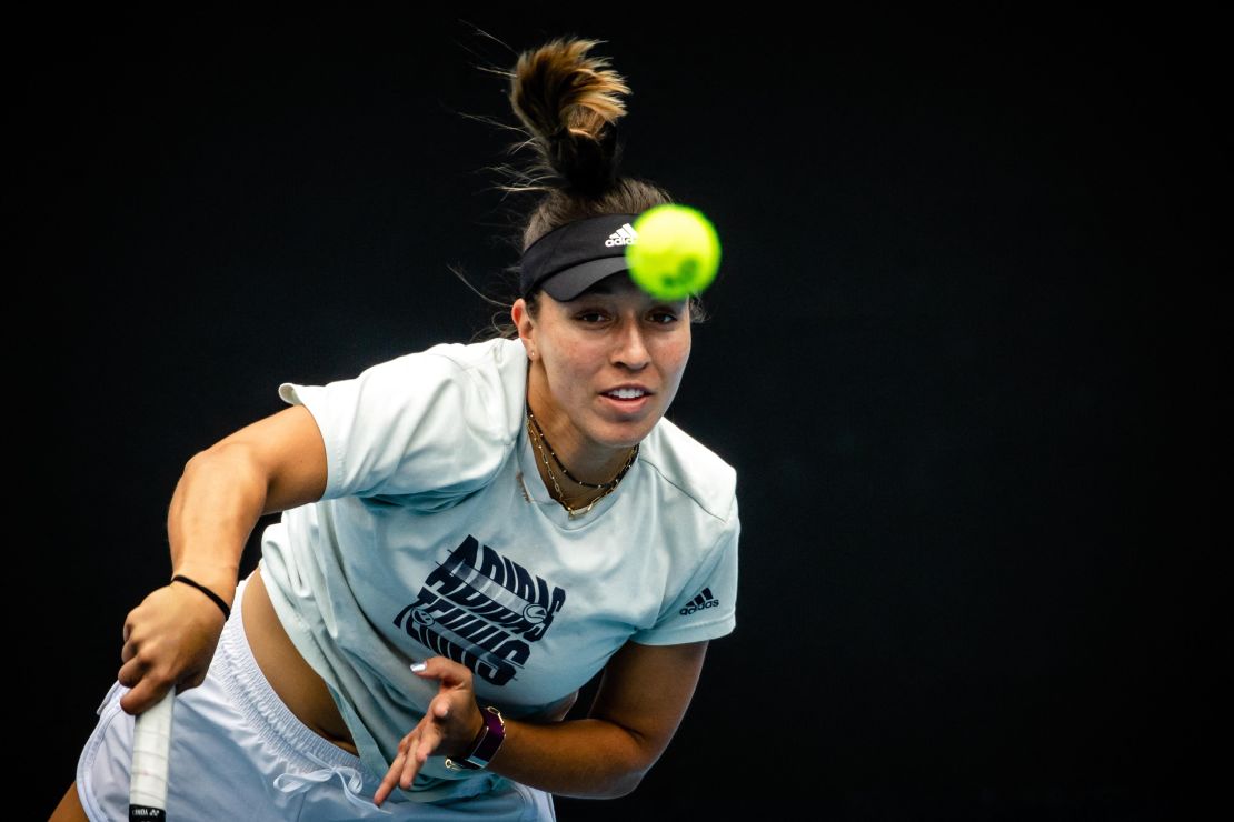 Pegula hits a serve in a practice session ahead of the Australian Open, which begins on January 16.