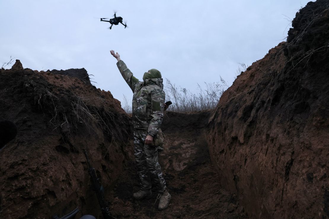 "Ghost", 24, a soldier with the 58th Independent Motorized Infantry Brigade of the Ukrainian Army, catches a drone while testing it so it can be used nearby. 