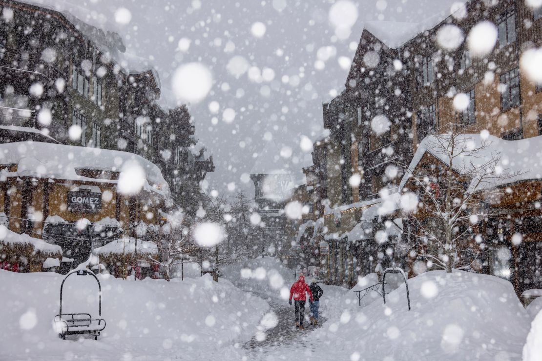 Heavy snow falls in Mammoth Lakes, California, on Monday.