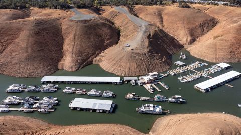 Houseboats on Lake Oroville amid low levels in October 2021. 