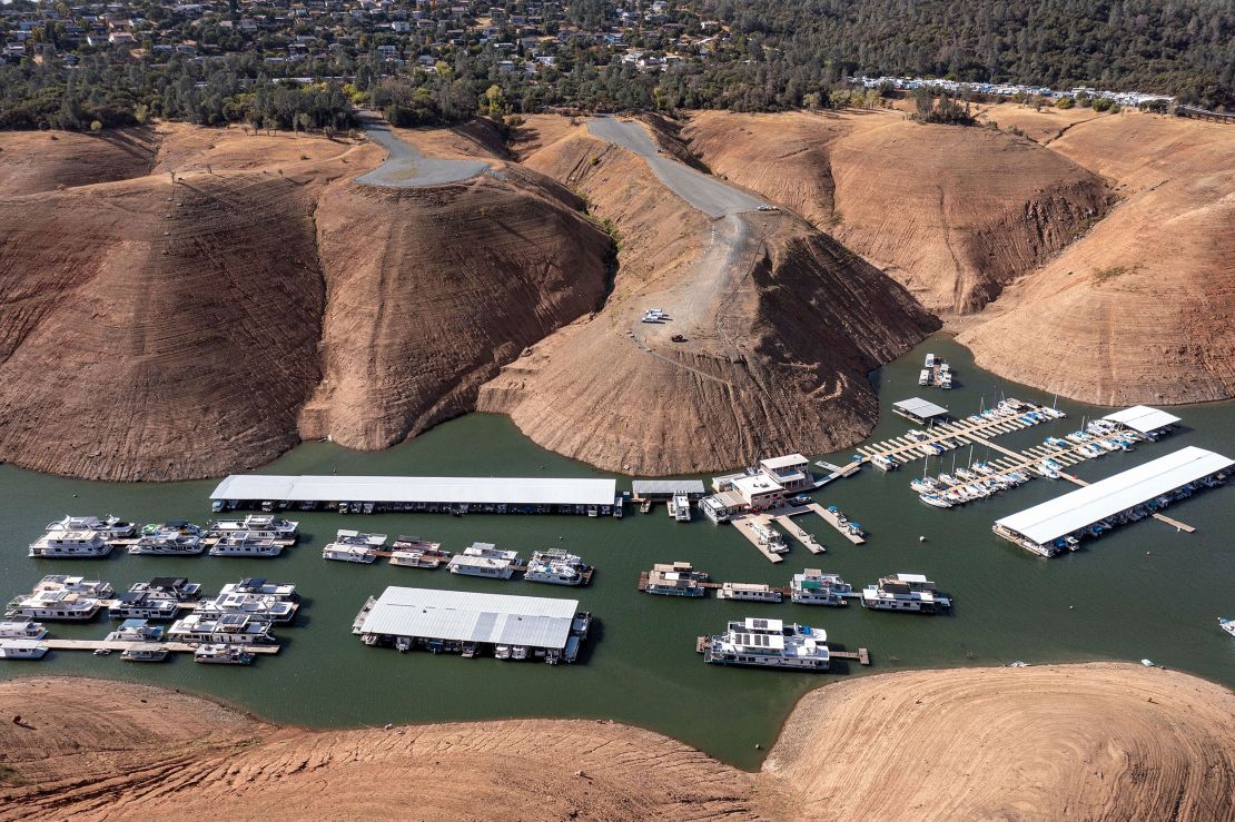 Houseboats on Lake Oroville amid low levels in October 2021.