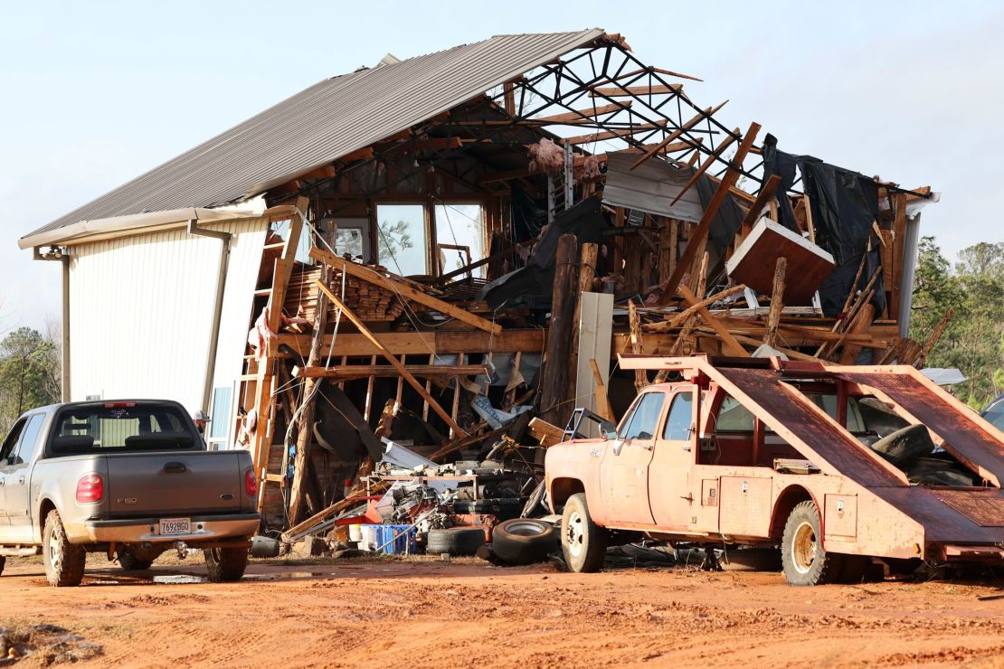 A damaged home is seen in the aftermath of severe weather Thursday near Prattville, Alabama. 