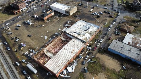 An aerial photo shows storm damage in the downtown area of Selma, by the railroad tracks crossing Broad Street.