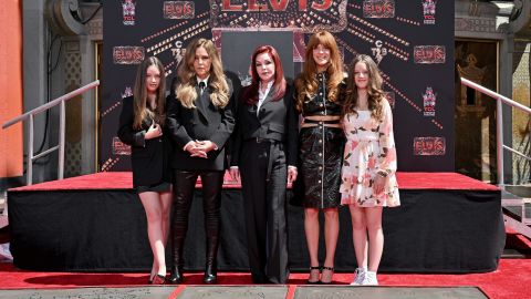 (From left) Harper Vivienne Ann Lockwood, Lisa Marie Presley, Priscilla Presley, Riley Keough, and Finley Aaron Love Lockwood attend the Handprint Ceremony honoring Three Generations of Presley's at TCL Chinese Theatre on June 21, 2022 in Hollywood, California.