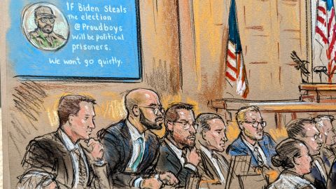 Defendants Zachary Rehl, Enrique Tarrio, Ethan Nordean, Dominic Pezzola and Joseph Biggs watch Assistant US Attorney Jason McCullough give an opening statement on Thursday, January 12.