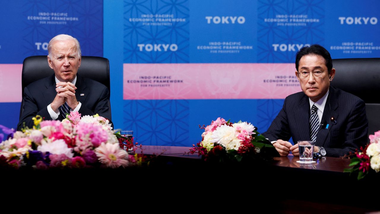 US President Joe Biden and Japan's Prime Minister Fumio Kishida attend an Indo-Pacific Economic Framework for Prosperity (IPEF) launch event at Izumi Garden Gallery in Tokyo, Japan, May 23, 2022. 