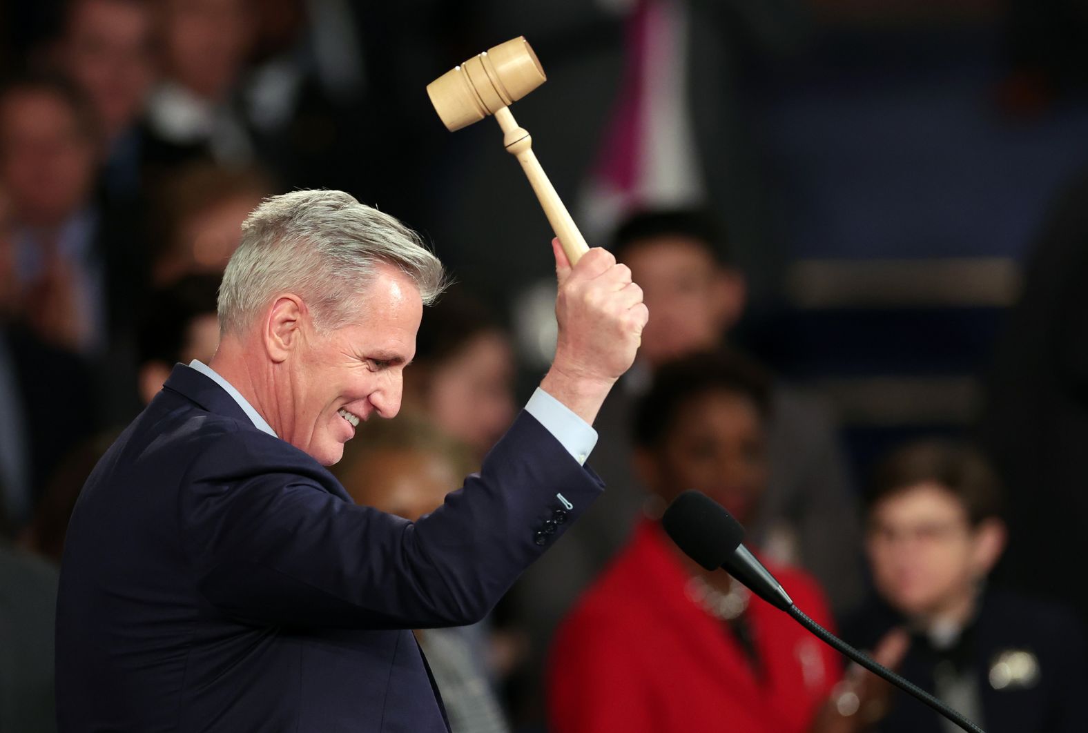 Kevin McCarthy celebrates with the gavel after being elected speaker of the House of Representatives on Saturday, January 7. The Republican leader triumphed early Saturday morning after <a href="index.php?page=&url=https%3A%2F%2Fwww.cnn.com%2F2023%2F01%2F03%2Fpolitics%2Fgallery%2Fhouse-speaker-vote-2023%2Findex.html" target="_blank">15 rounds of votes held over five days</a>. It was the first time in 100 years that the election for House speaker had gone to multiple ballots. It was also the longest speaker contest in 164 years.