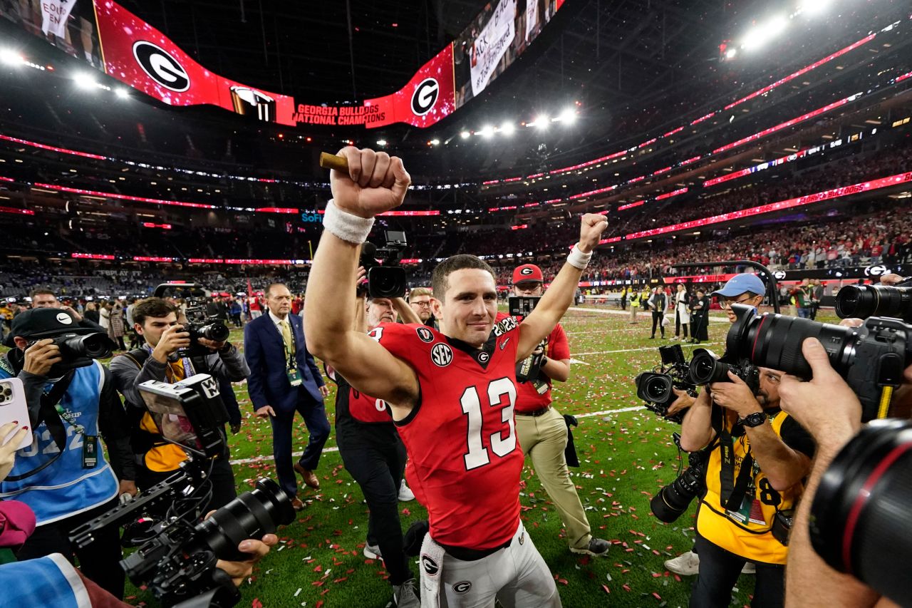 Georgia quarterback Stetson Bennett celebrates after the Bulldogs <a href="https://www.cnn.com/2023/01/09/sport/georgia-tcu-national-championship-how-to-watch-spt-intl/index.html" target="_blank">won their second straight College Football Playoff</a> on Monday, January 9. Georgia crushed TCU 65-7 in the championship game. Bennett threw for four touchdowns and ran for a fifth.