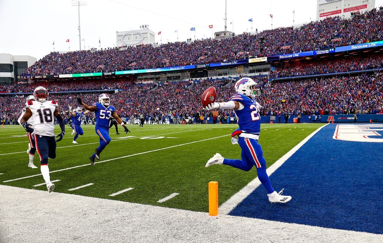 Buffalo's Nyheim Hines runs back the opening kickoff for a touchdown during the Bills' 35-23 win over New England on Sunday, January 8. It was the NFL team's <a href=