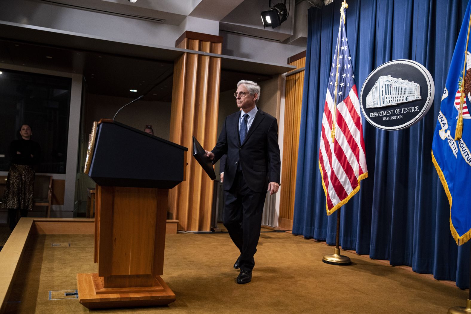 US Attorney General Merrick Garland arrives to speak at the Department of Justice in Washington, DC, on Thursday, January 12. Garland announced that he has <a href="index.php?page=&url=https%3A%2F%2Fwww.cnn.com%2F2023%2F01%2F12%2Fpolitics%2Fjoe-biden-classified-documents-counsels-office%2Findex.html" target="_blank">appointed a special counsel</a> to take over the investigation into the Obama-era classified documents found at President Joe Biden's home and former private office. Biden said the documents at his home were in a "locked garage" and that he was cooperating fully with the Department of Justice.