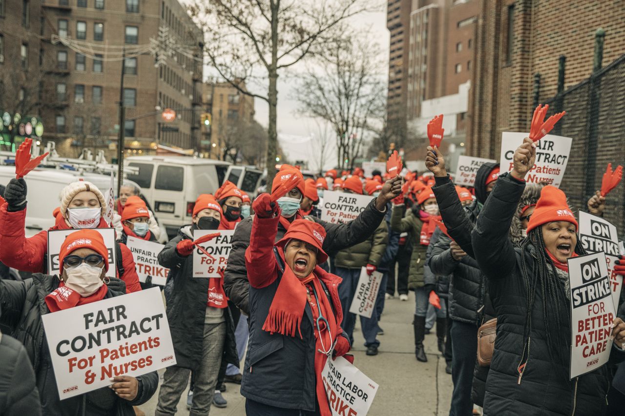 Nurses picket outside the Montefiore Hospital in New York City on Tuesday, January 10. A <a href=
