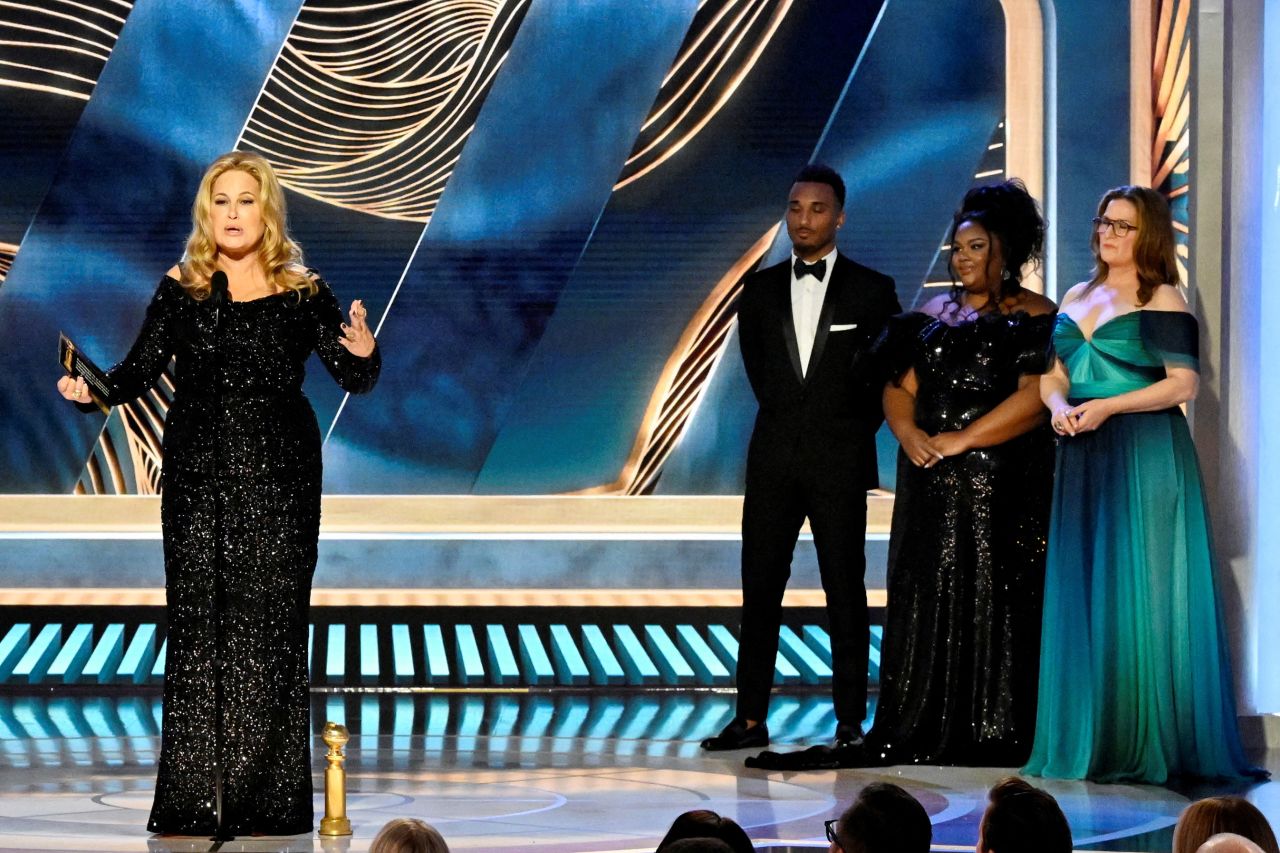Actress Jennifer Coolidge gives an <a href="https://www.cnn.com/2023/01/11/entertainment/jennifer-coolidge-acceptance-speech-golden-globes/index.html" target="_blank">acceptance speech</a> after winning the Golden Globe for her role in the television show "The White Lotus," on Tuesday, January 10. During her speech, she singled out "White Lotus" creator Mike White, who she said has "given (her) hope."