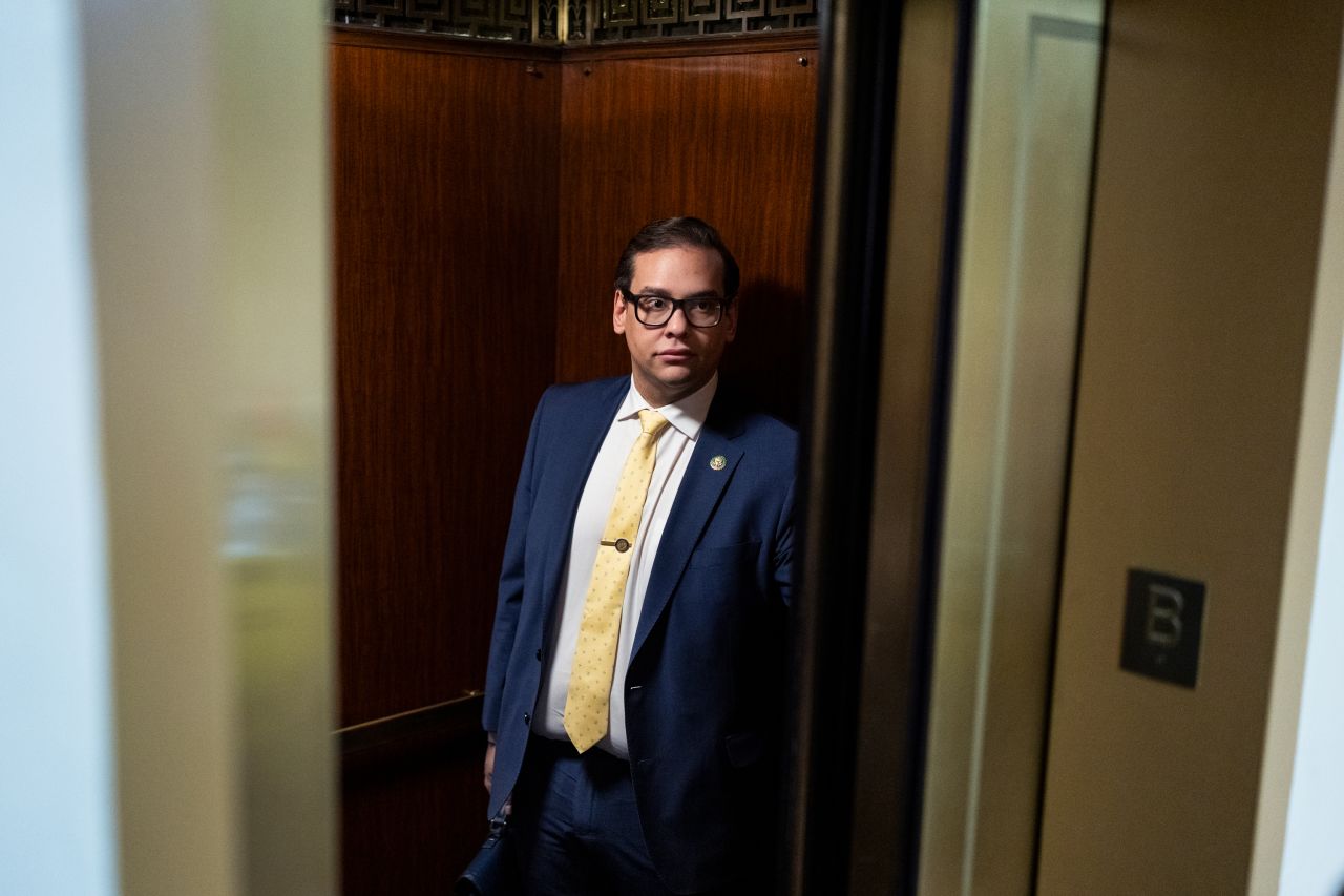 US Rep. George Santos rides an elevator inside the US Capitol on Thursday, January 12. Santos, the recently elected GOP congressman from New York who has admitted to lying about parts of his resume, <a href=