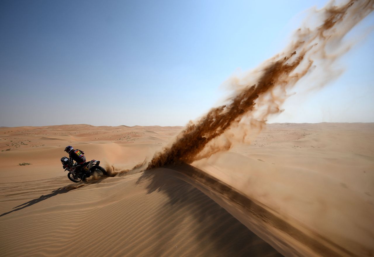 Bolivian biker Daniel Jager Nosiglia competes in the 10th stage of the Dakar Rally on Wednesday, January 11. The rally race is taking place in Saudi Arabia this year.