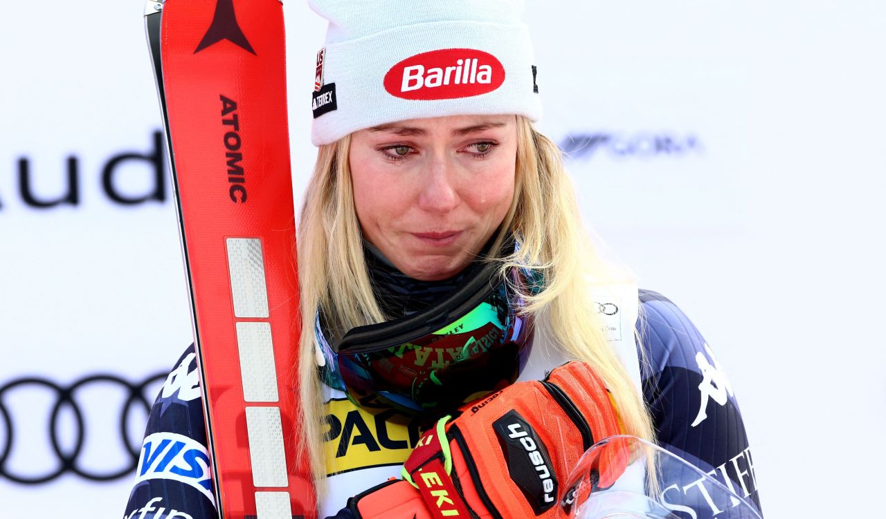 American skier Mikaela Shiffrin reacts on the podium after winning a World Cup giant slalom race in Kranjska Gora, Slovenia, on Sunday, January 8. <a href="https://www.cnn.com/2023/01/08/sport/mikaela-shiffrin-lindsey-vonn-record-spt-intl/index.html" target="_blank">Shiffrin tied Lindsey Vonn's record of 82 World Cup wins</a> — most by a female skier.