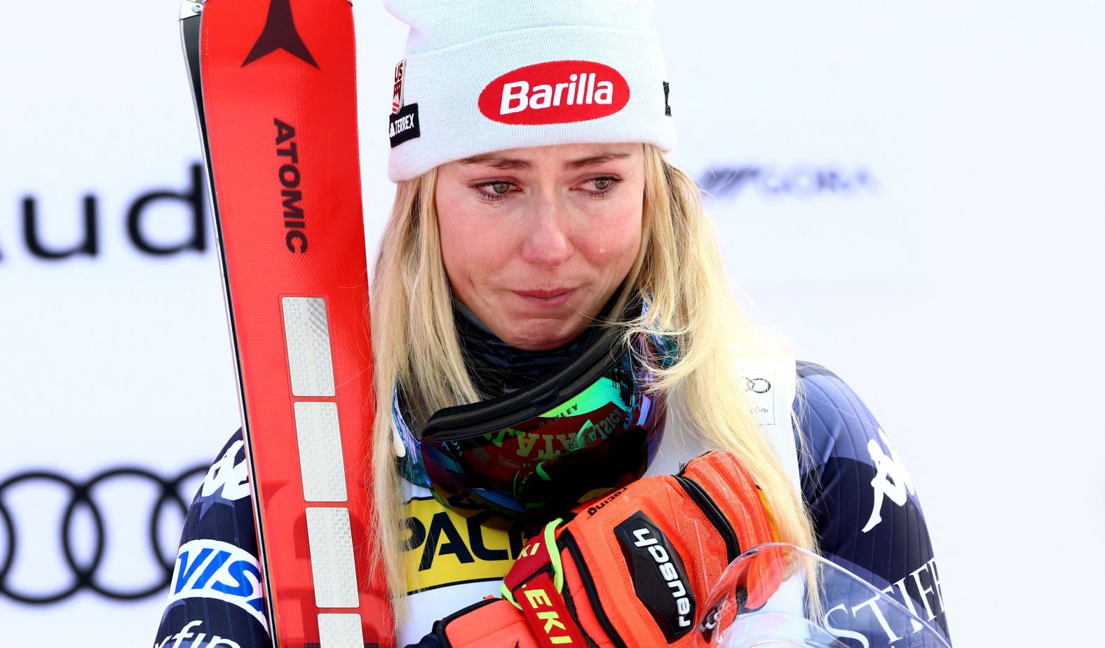 American skier Mikaela Shiffrin reacts on the podium after winning a World Cup giant slalom race in Kranjska Gora, Slovenia, on Sunday, January 8. <a href="index.php?page=&url=https%3A%2F%2Fwww.cnn.com%2F2023%2F01%2F08%2Fsport%2Fmikaela-shiffrin-lindsey-vonn-record-spt-intl%2Findex.html" target="_blank">Shiffrin tied Lindsey Vonn's record of 82 World Cup wins</a> — most by a female skier.