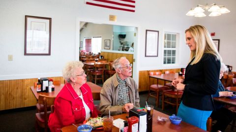 Houchin speaks with members of the National Active and Retired Federal Employees Association at a Golden Corral in Greenwood, Indiana, in April 2016.