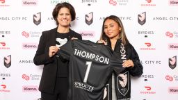 PLAYA VISTA, CALIFORNIA - JANUARY 12: Angel City Football Club President Julie Uhrman and first overall draft pick Alyssa Thompson pose with a jersey during the Angel City Football Club 2023 NWSL Draft Party at Nike LA on January 12, 2023 in Playa Vista, California. (Photo by Katelyn Mulcahy/Getty Images)