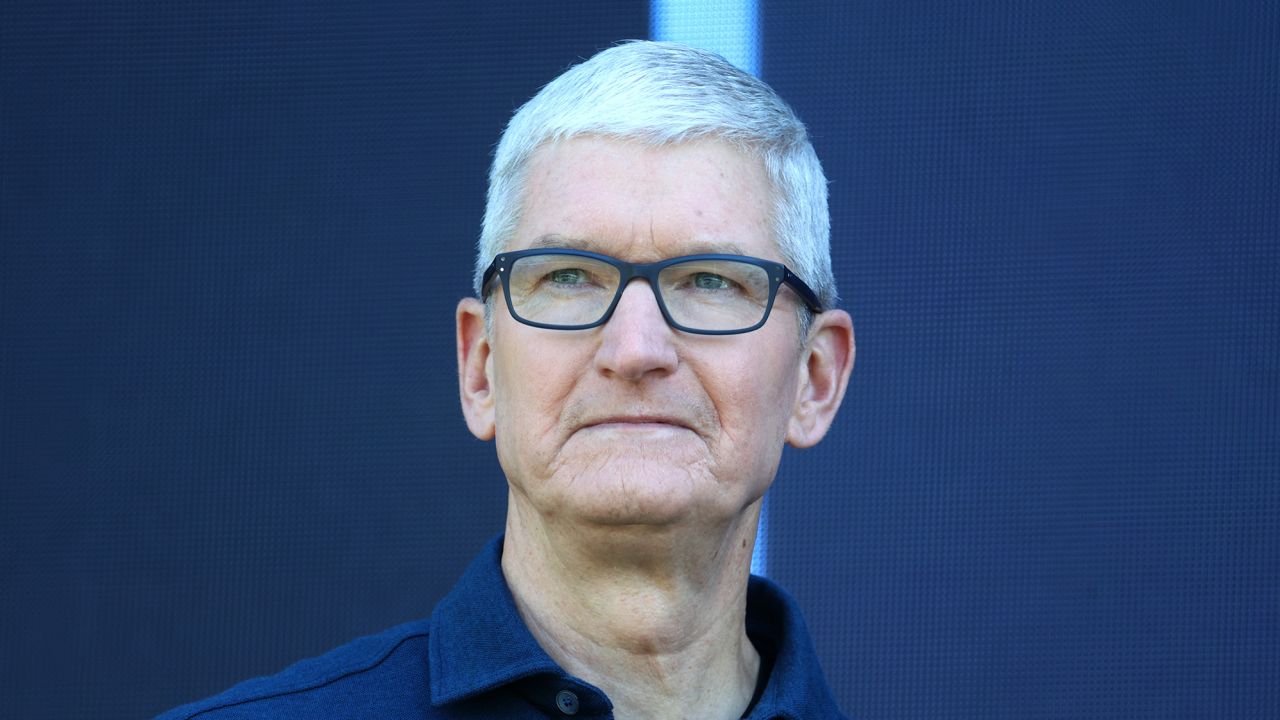 Apple CEO Tim Cook delivers a keynote address during the WWDC22 at Apple Park on June 06, 2022 in Cupertino, California. 